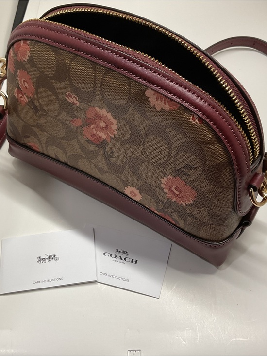 Coach Handbags - Coach Brown Floral Signature Dome Crossbody with Burgundy Trim